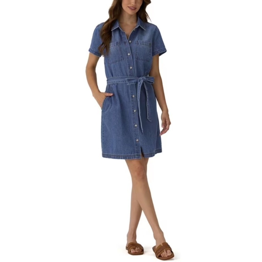 Frye Womens Denim Shirt Dress Medium Wash Blue Button Front Belted XL New